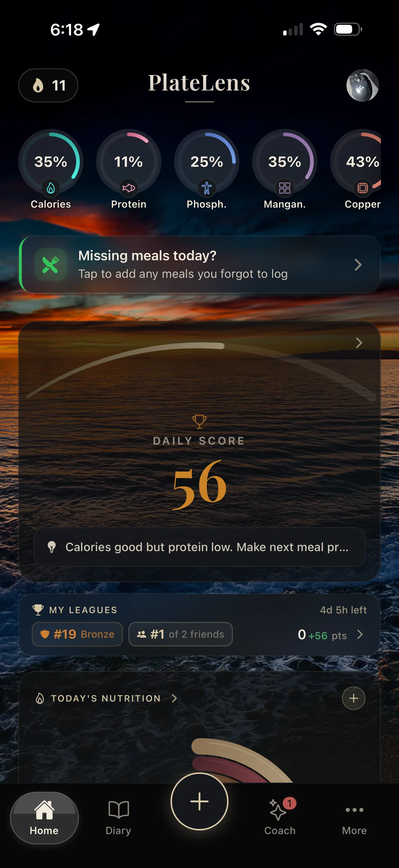 PlateLens app interface showing AI-powered meal tracking with calorie and macronutrient breakdown